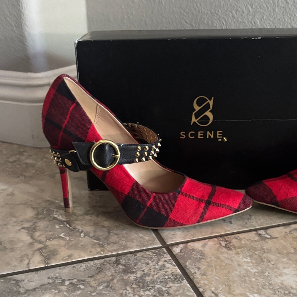 Scene Weaver Black and Red Plaid Heels with Buckle
